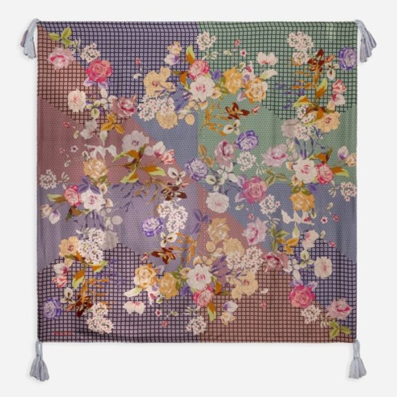 Johnny Was Cathron Scarf Silk Square Large Floral Tassels Pink Scarves Brown New - Picture 1 of 5